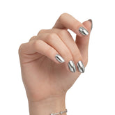 Petal shape chrome NIBL click-on nails, alternate hand pose
